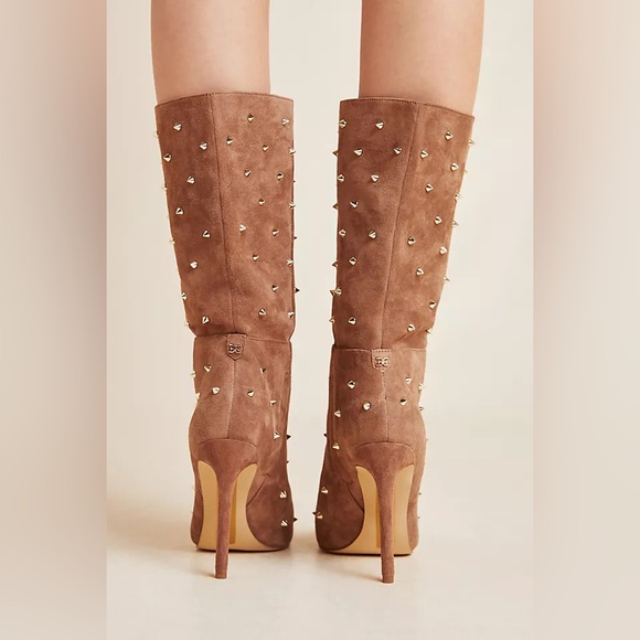 Sam Edelman Size 7.5 Waylyn Suede Tall Gold Studded Boots - Picture 2 of 10